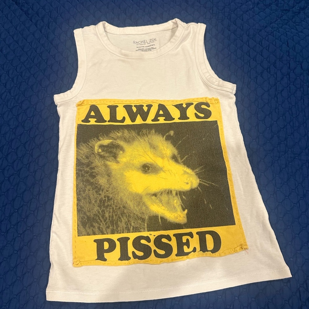 Rachel Zoe White Tank Top with Yellow & Black Graphic 'Always Pissed'